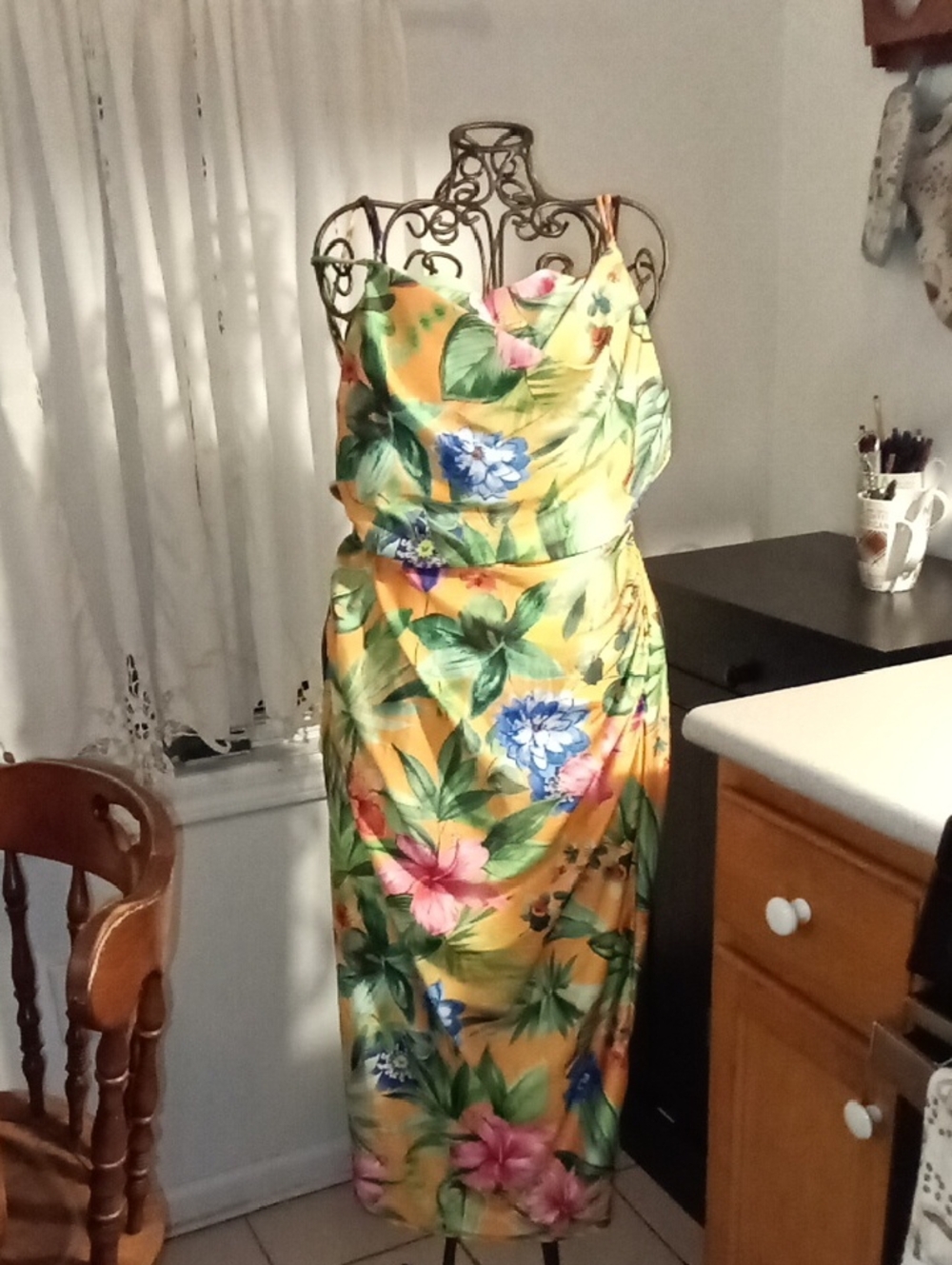 Orange Tropical Floral Midi Dress with Spaghetti Straps